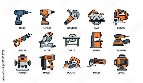 Colorful set of various power tools including drill, saw, router, and nailer illustrations