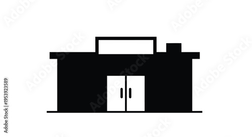 A simple black and white illustration depicts a building facade with a rectangular shape and doorway