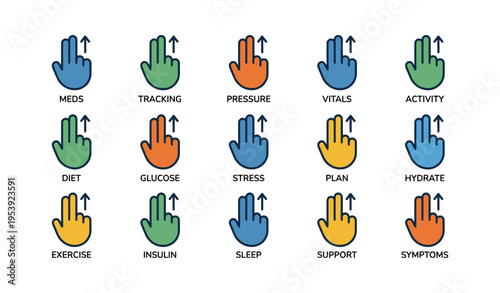 Illustrated icons for health monitoring and management: meds, diet, exercise, sleep