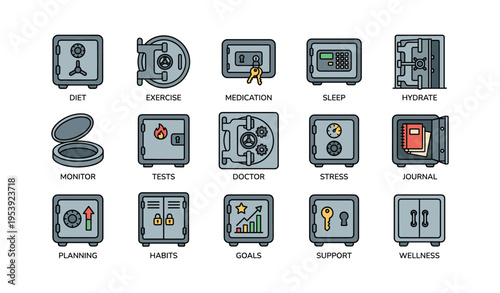Icons depicting health and lifestyle strategies like diet, exercise, medication, sleep, and wellness