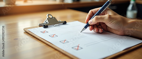 Hand holding pen checking items on storm preparedness checklist  