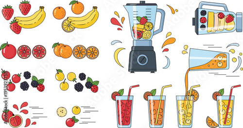 Fresh Fruit and Smoothie Set with Blender, Juice Glasses and Mixed Berries, Colorful Healthy Drinks Collection in Flat Vector Style for Recipes, Menu and Nutrition Design