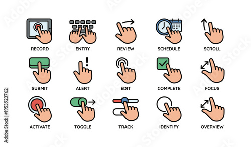 Hand icons for digital actions: record, review, schedule, submit, edit