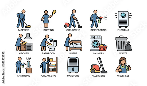 Household chores icons: mopping, dusting, vacuuming, sanitizing, organizing