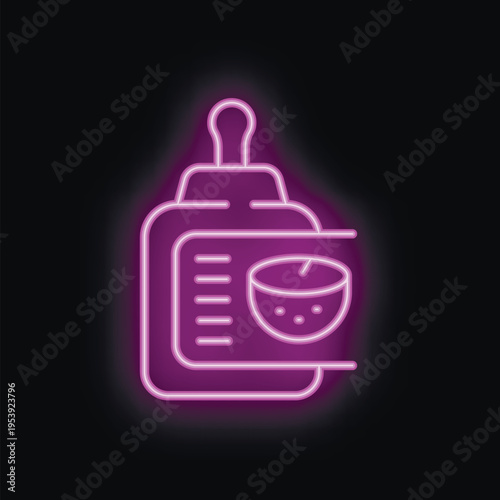 Glowing neon icon of baby food with ingredients list and drawing of apple puree, isolated on black background
