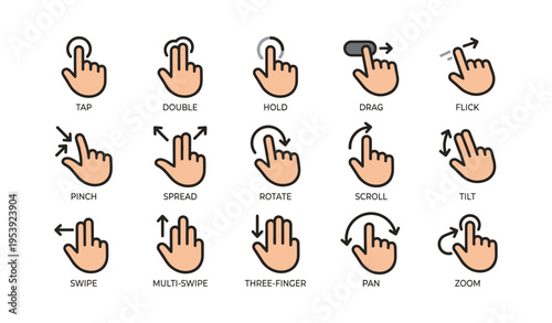 Collection of finger gesture icons for touch screen interfaces