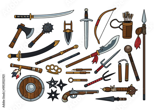 Set of different cartoon fantasy weaponry for warriors portraying historical arms and combat equipment on a white background
