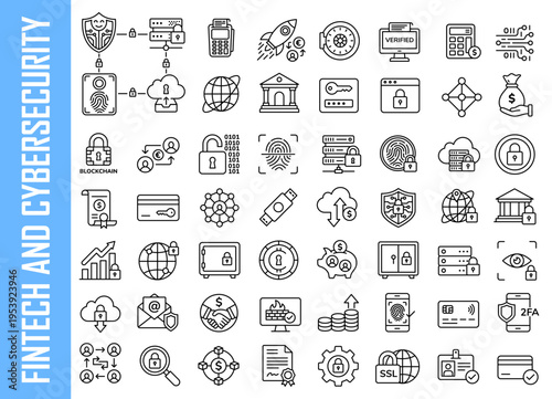 Fintech and cybersecurity vector icon set. Outline illustrations of digital banking, data protection, blockchain, 2FA, biometric scanning, P2P and cloud security. Minimalist linear symbols.