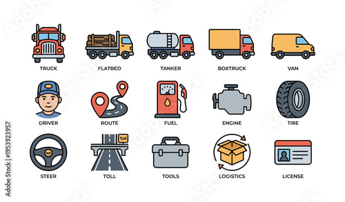Set of colorful truck and transport icons including driver, tools, and logistics symbols