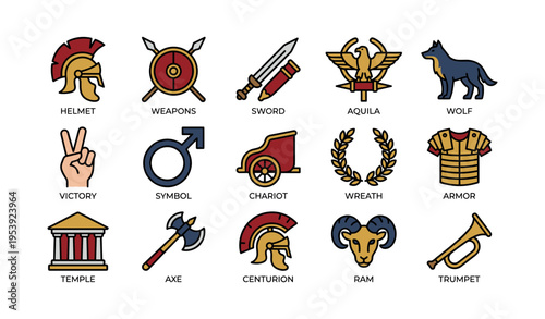 Ancient roman symbols collection featuring helmet, weapons, sword, aquila, wolf, victory, and more