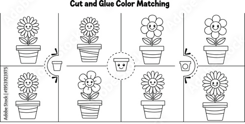 Cut and Glue Color Matching Worksheet for Kids with Flower Pots, Preschool Activity, Fine Motor Skills Practice, Educational Printable, and Early Learning Game Vector