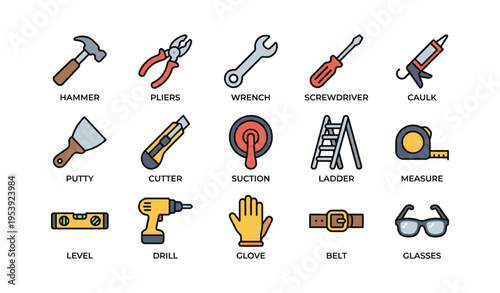 Hand tools collection: hammer, pliers, wrench, screwdriver, and more
