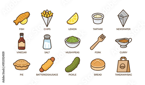 Fish and chips icon set: classic british cuisine elements