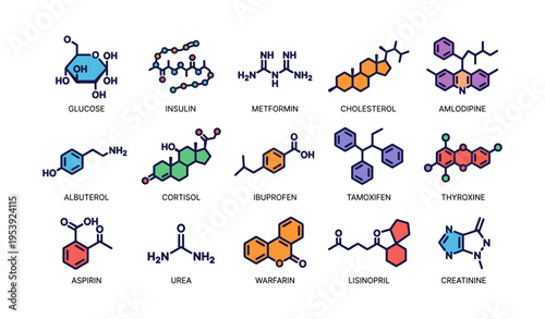 Illustrated chemical structures of common medications and compounds