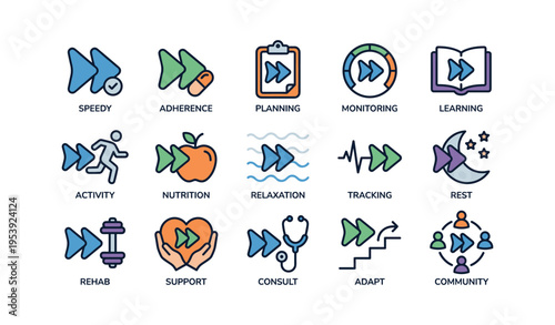 Health and wellness icons illustrating fitness, nutrition, relaxation, and community support