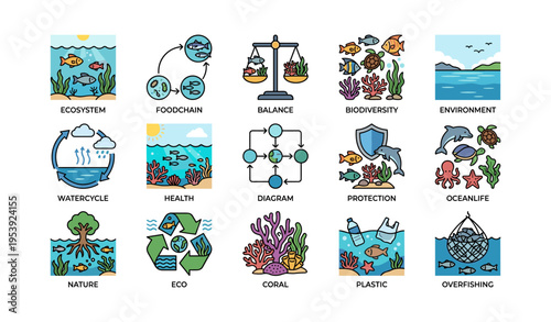 Ocean ecosystem conservation icons highlighting marine health and biodiversity