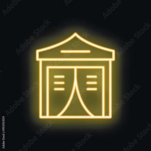 Neon sign depicting an event tent glowing yellow on a black background, perfect for concepts like festivals, markets, and outdoor gatherings