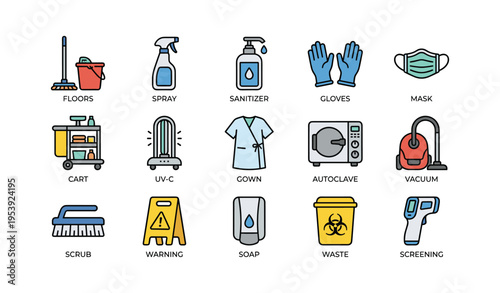 Cleaning and safety equipment icons: sanitizer, gloves, mask, vacuum, soap, gown, cart