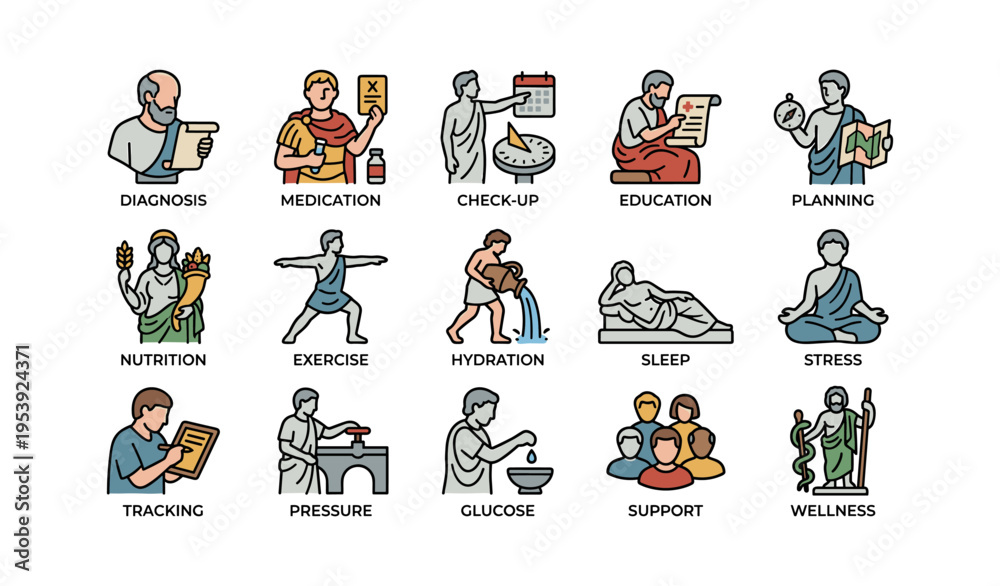Obraz premium Icons illustrating health concepts including exercise, nutrition, sleep, and wellness
