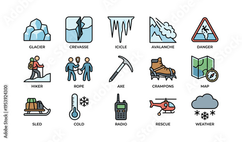 Mountaineering symbols: glacier, crevasse, icicle, avalanche, rescue gear