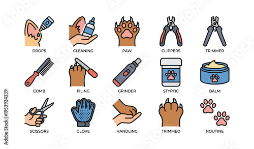 Pet grooming tools set: clippers, trimmer, balm, comb, drops, glove, scissors, cleaning