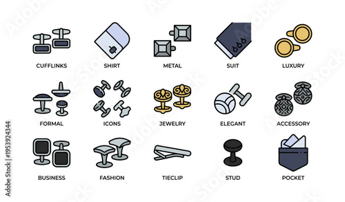 Assorted men's accessories including cufflinks, tie clips, and pocket squares