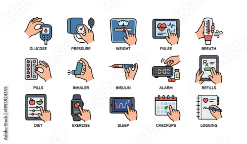 Healthcare monitoring icons: glucose, pressure, weight, pulse, breath, inhaler, insulin, alarm