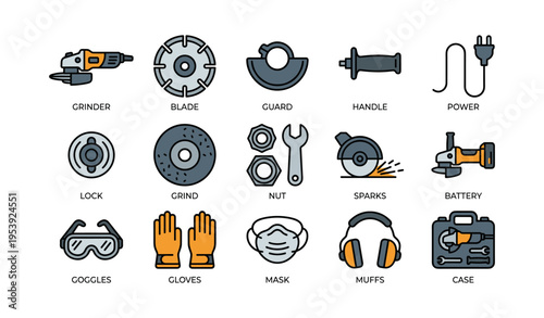 Illustrated icons of construction tools and safety gear for industrial use