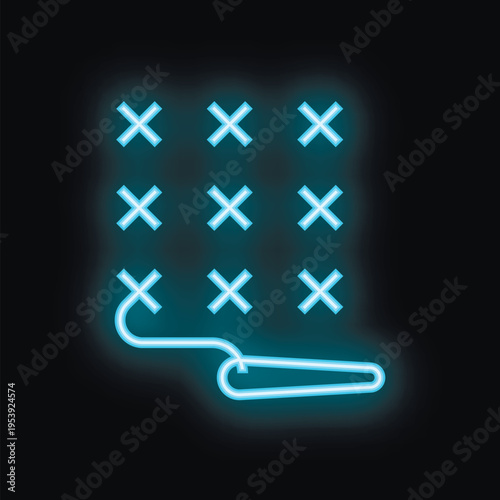 Blue glowing neon icon of a cross stitch with needle and thread, representing tailoring and sewing