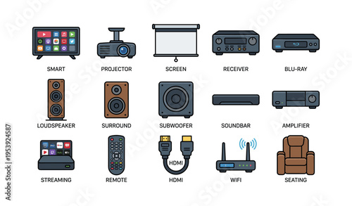 Home theater equipment icons including projector, screen, speakers, remote, and wifi router