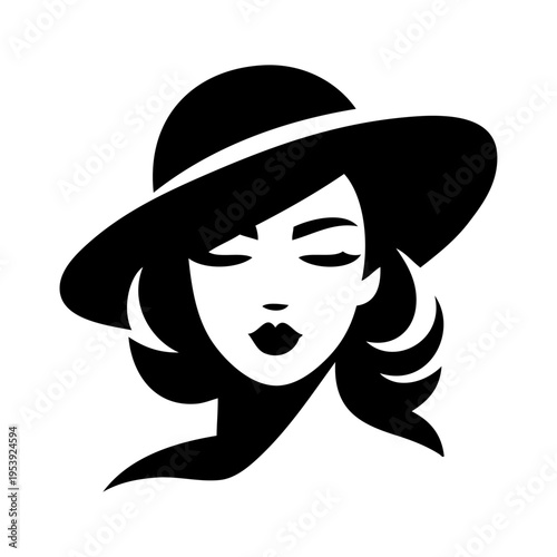 Logotipo boutique de moda. Dibujo de la cabeza de una mujer con un elegante sombrero vintage ladeado