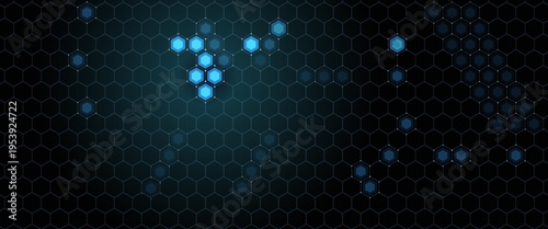 Futuristic abstract blue background featuring glowing hexagonal grid pattern and connected dots. Digital technology concept with geometric honeycomb structure