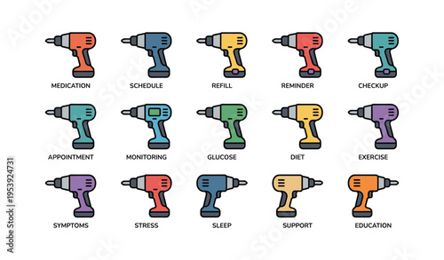 Colorful drill icon chart displaying health-related terms in rows