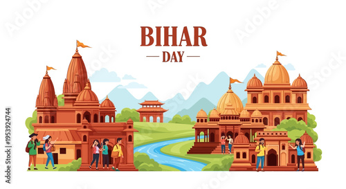 Illustration of Bihar Day celebration with traditional Indian architecture and people in a scenic landscape with mountains and a river.
