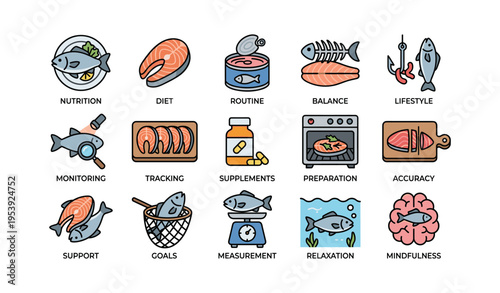 Healthy eating icons: fish, nutrition, cooking, and lifestyle elements illustrated