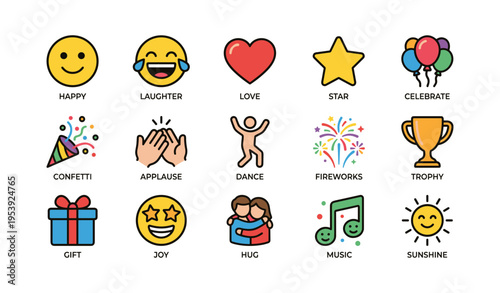 Colorful emoji set featuring happiness, love, celebration, and joyful symbols