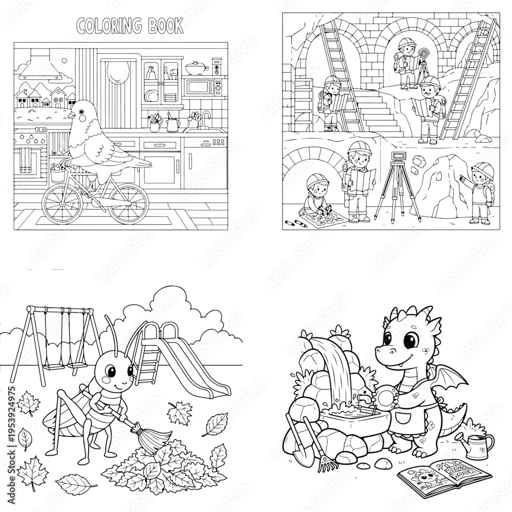 Obraz premium Cartoon dragon cooking and playground scene line art for kids coloring book with coloring page