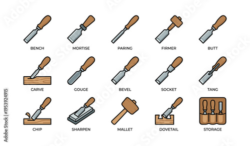 Woodworking tool icons: chisels, mallets, sharpeners in illustrated set