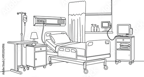 Hospital Patient Room Line Art Illustration with Medical Bed, IV Drip, Monitoring Equipment, Healthcare Furniture, Clinical Interior, and Emergency Treatment Vector Design