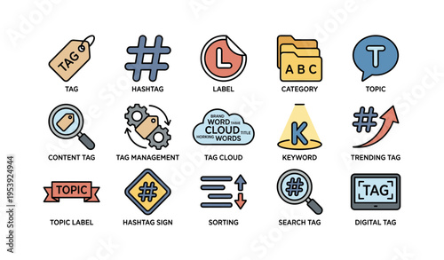 Colorful tag and label icons for organizing and categorizing content