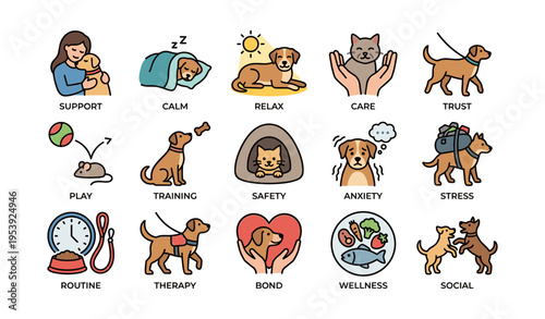 Illustrated guide to dog well-being: training, therapy, anxiety, and bonding