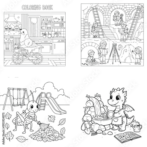 Cartoon dragon cooking and playground scene line art for kids coloring book with coloring page