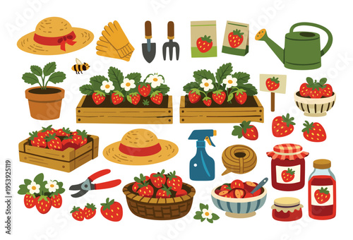 Strawberry farming scene showing ripe berries, potted plants, seeds, gardening tools, and prepared jam products