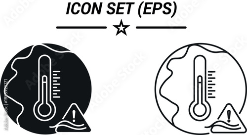 A set of black and white icons depicting temperature and warning symbols