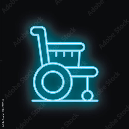 Blue neon sign depicting a wheelchair, symbolizing accessibility and mobility for individuals with disabilities