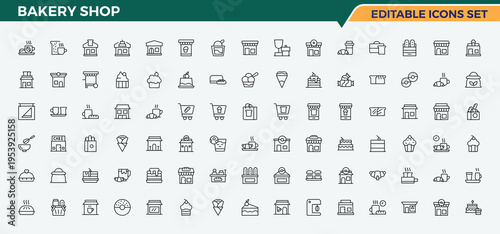 Bakery Shop linear icon collection. Collection for mobile and web apps. Contains outline symbols like cook, bake, food, bakery. Pictogram and infographic. Cake Shop icon.