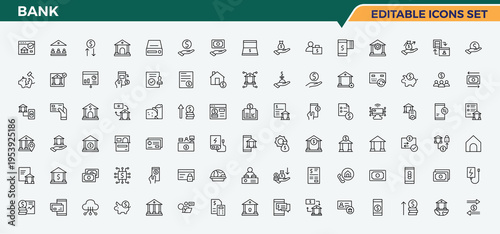 Bank linear icon set. Includes symbols for finance, banking, wealth, financial, exchange, pay, money. Money icon set. UI icons set in a thin style. Editable stroke. Vector collection.