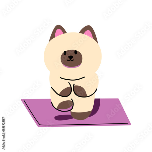 Cute cat doing yoga poses on a yoga mat, cartoon, hand-drawn.