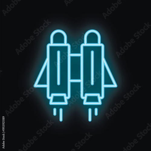 Blue neon jetpack is launching upwards, leaving a smoke trail behind it on a black background
