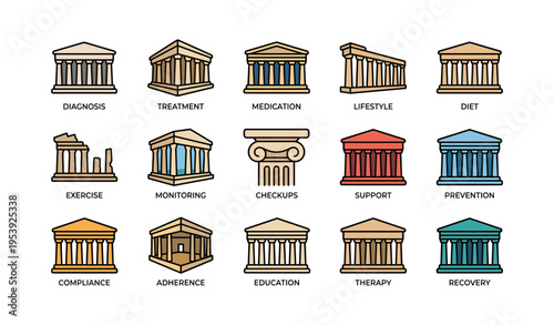 Ancient temple icons representing various health and wellness concepts